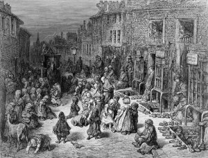 Seven Dials, by Gustave Dore, 1872, depicts a busy London street full of shoe shops and swarming with children.