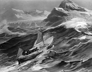 Depiction of the James Caird nearing South Georgia from Ernest Shackleton's book South, 1919. Public Domain Image.
