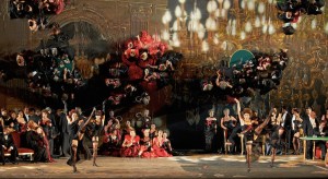 La Traviata, Sferisterio Opera Festival, Macerata, Italy. Mirrors mounted at an angle behind and above the set create a beautiful, impressionistic effect.