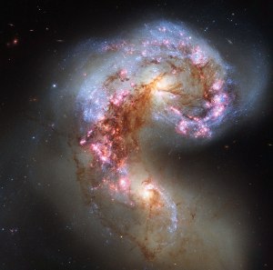 The Antennae galaxies in the constellation Corvus are two galaxies in collision.   Formerly arranged into spiral galaxies, stars have been flung out into space. The nuclei of the galaxies will one day collide, resulting in one large elliptical galaxy. Credit: ESA/Hubble & NASA