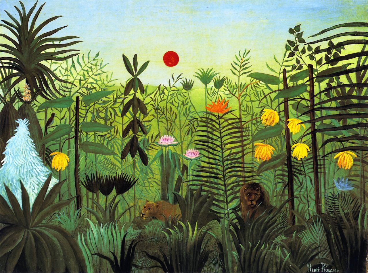 Rousseau, Exotic Landscape with Lion and Lioness in Africa