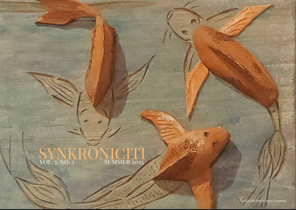 Cover of Synkroniciti Magazine featuring carved fish designs, labeled 'SYNKRONICITI VOL. 7, NO. 3 SUMMER 2025'.