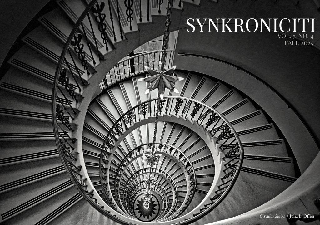 Black and white image of a spiral staircase, featuring intricate railing designs and a chandelier at the center. The cover text reads 'SYNKRONICITI VOL. 7, NO. 4 FALL 2025'.