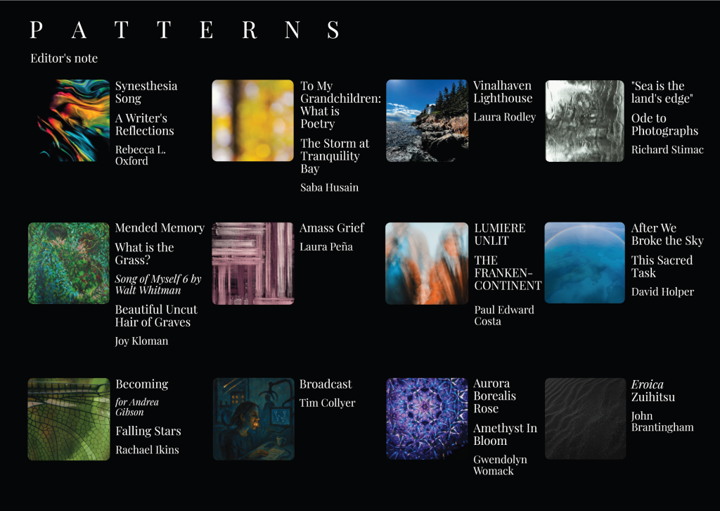 The cover of the quarterly art journal 'Patterns' featuring various artistic works and titles, including 'Synesthesia Song' and 'Vinalhaven Lighthouse'.