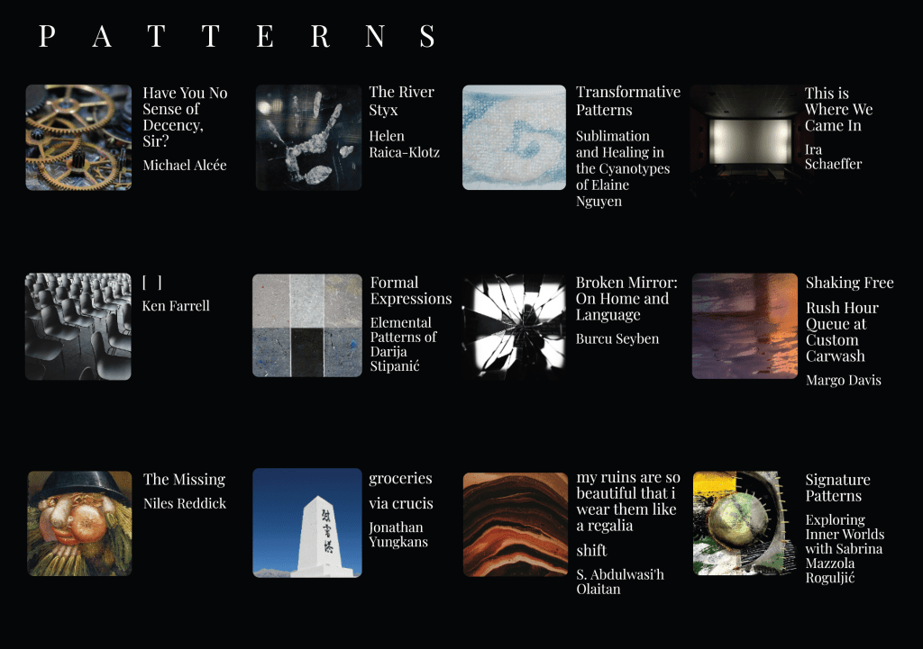 Cover image for the quarterly arts journal 'Patterns' featuring various artworks and titles associated with each piece, presented in a grid format.