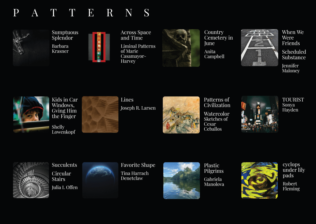 Collage of artwork titles and authors featured in the 'Patterns' issue of Synkroniciti, set against a black background.