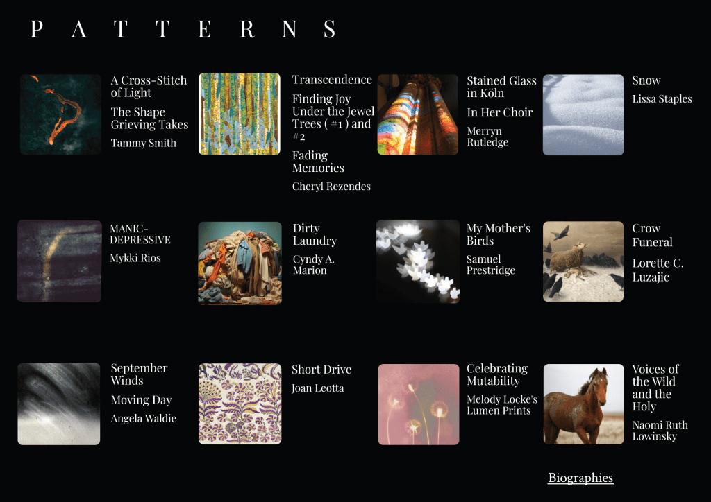 A collage featuring various artistic works with titles and authors, presented under the heading 'PATTERNS'.