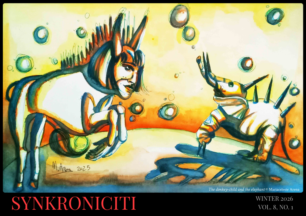 An abstract watercolor illustration featuring a donkey-headed figure and a spiky, armored creature, surrounded by colorful bubbles against a vibrant orange background. The image includes the text 'SYNKRONICITI' and details about a publication issue.