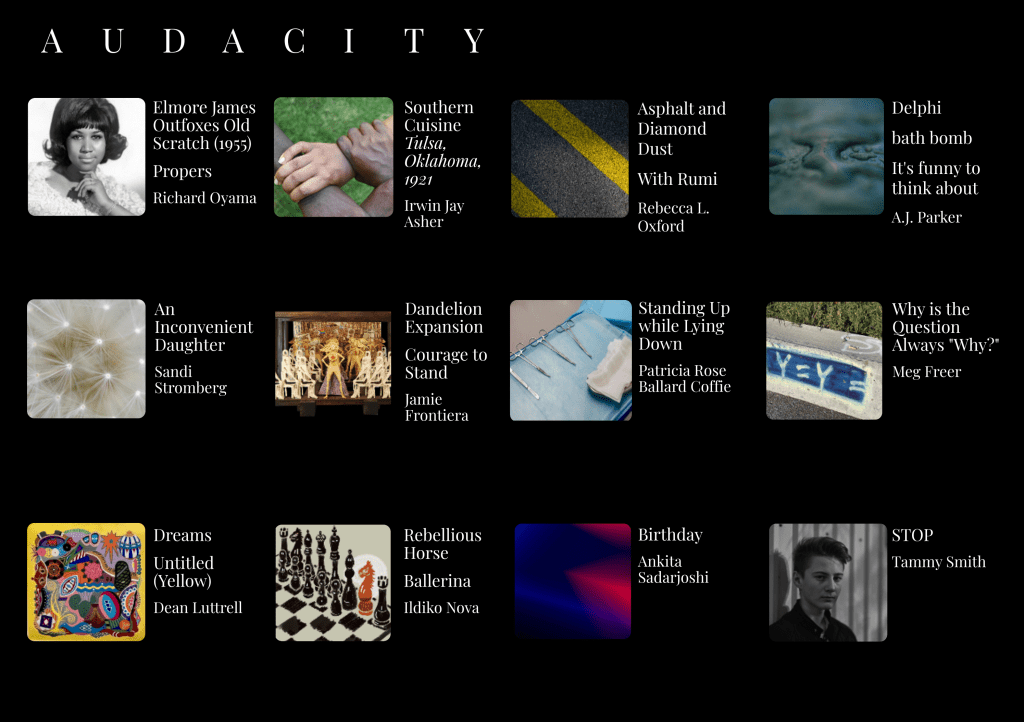 Collage of artworks with titles and artists in a grid layout, featuring various styles and themes.
