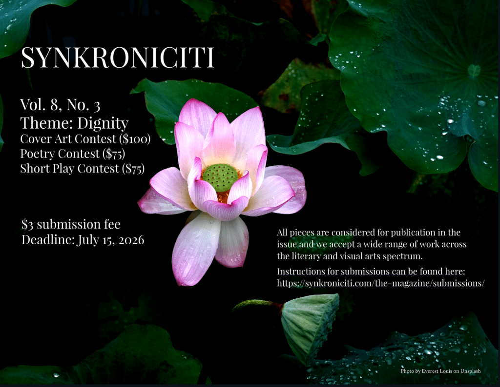 A magazine cover featuring a large pink lotus flower on dark green foliage, with text detailing submission guidelines for a magazine titled 'Synkroniciti', including contest themes and deadlines.
